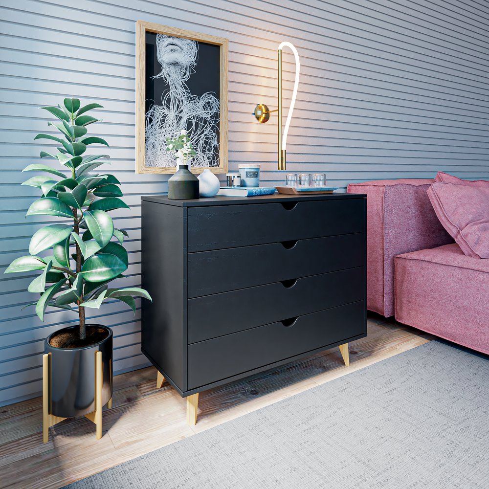 Cómoda de 35" con cuatro cajones en madera natural y negra