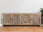 86" Natural Carved Floral Distressed Solid Wood Enclosed Storage TV Stand
