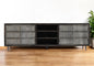 92" Dark Brown Carved Geometric Distressed Solid Wood Enclosed and Open Storage TV Stand