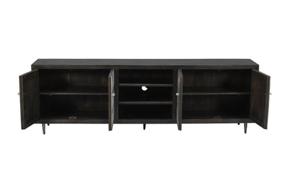 92" Dark Brown Carved Geometric Distressed Solid Wood Enclosed and Open Storage TV Stand