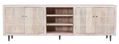 92" Ivory Carved Geometric Distressed Solid Wood Enclosed and Open Storage TV Stand