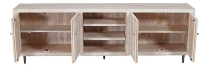 92" Ivory Carved Geometric Distressed Solid Wood Enclosed and Open Storage TV Stand