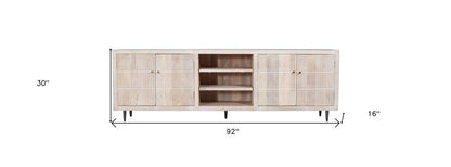 92" Ivory Carved Geometric Distressed Solid Wood Enclosed and Open Storage TV Stand