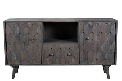 55" Dark Gray Carved Geometric Distressed Solid Wood Enclosed and Open Storage TV Stand