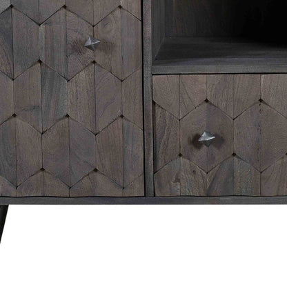 55" Dark Gray Carved Geometric Distressed Solid Wood Enclosed and Open Storage TV Stand