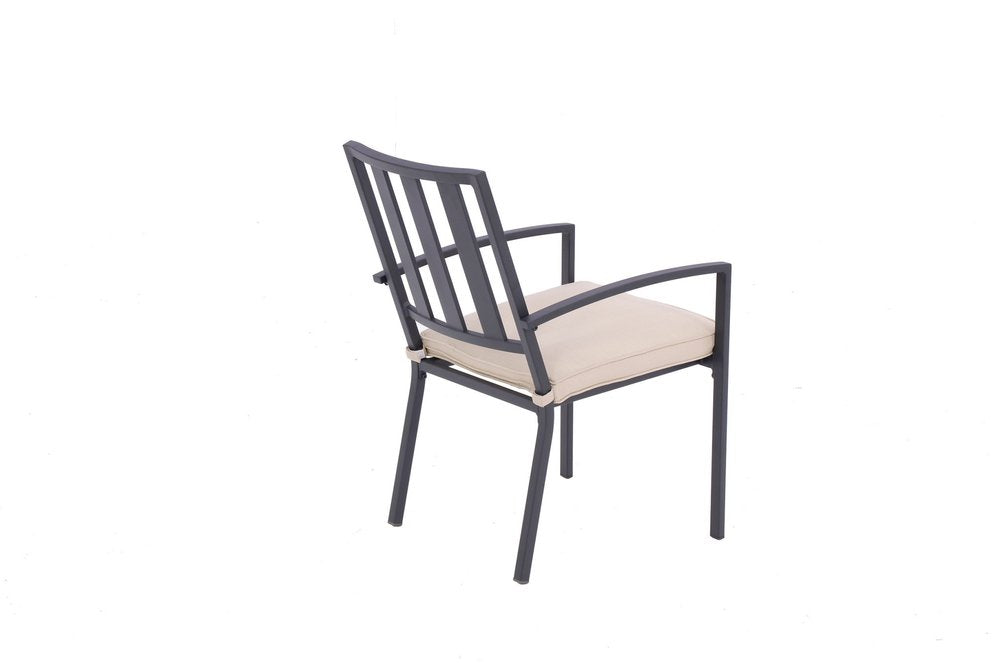 Set of Two Dark Gray Aluminum Outdoor Stacking Dining Chairs with Beige Cushion