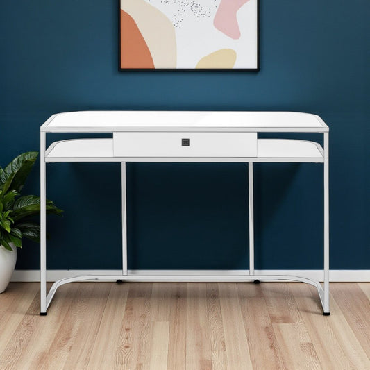 47" White and Silver Wood and Metal Sled Computer Desk