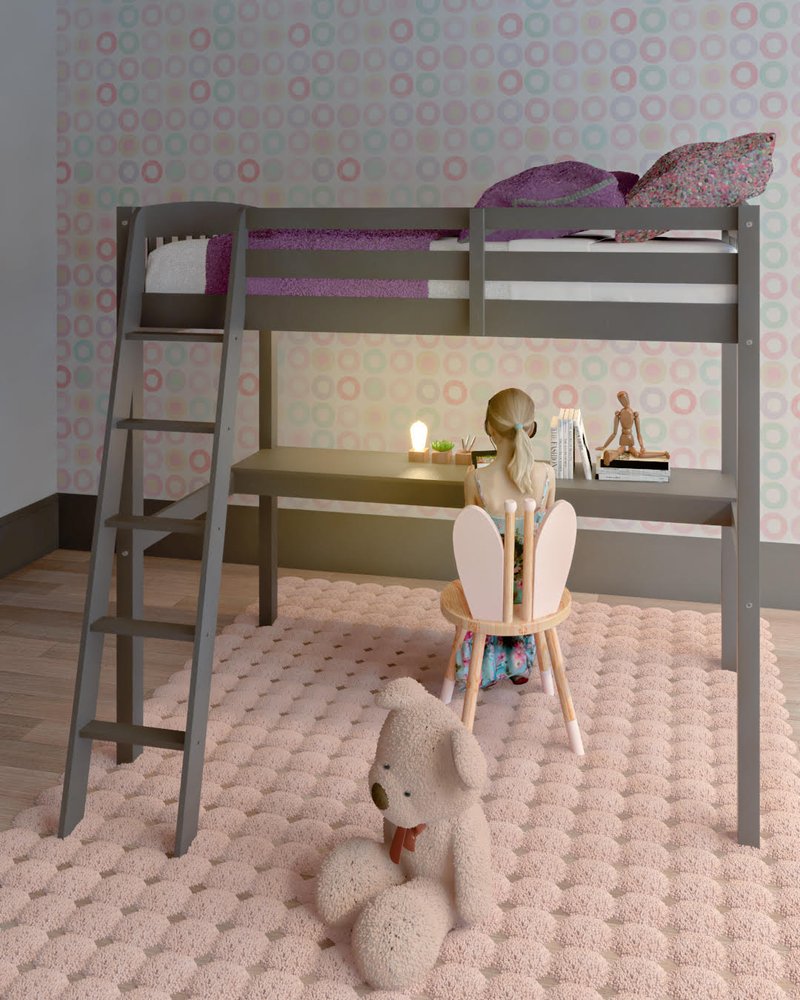 Cama alta doble de madera maciza blanca con escritorio y espacio de almacenamiento