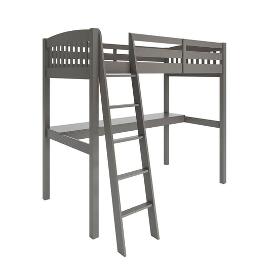Cama alta individual de madera maciza gris con escritorio y espacio de almacenamiento