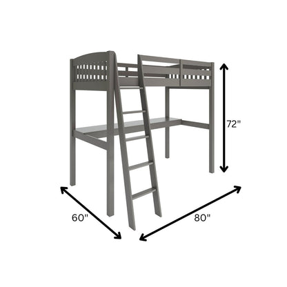 Cama alta individual de madera maciza gris con escritorio y espacio de almacenamiento