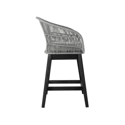 Silla de bar para exteriores de 38" de madera maciza gris claro con respaldo bajo y reposapiés