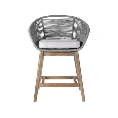 Silla de bar para exteriores de 38" de madera maciza gris claro con respaldo bajo y reposapiés