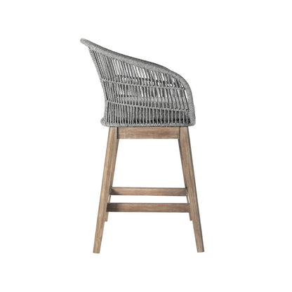 Silla de bar para exteriores de 38" de madera maciza gris claro con respaldo bajo y reposapiés