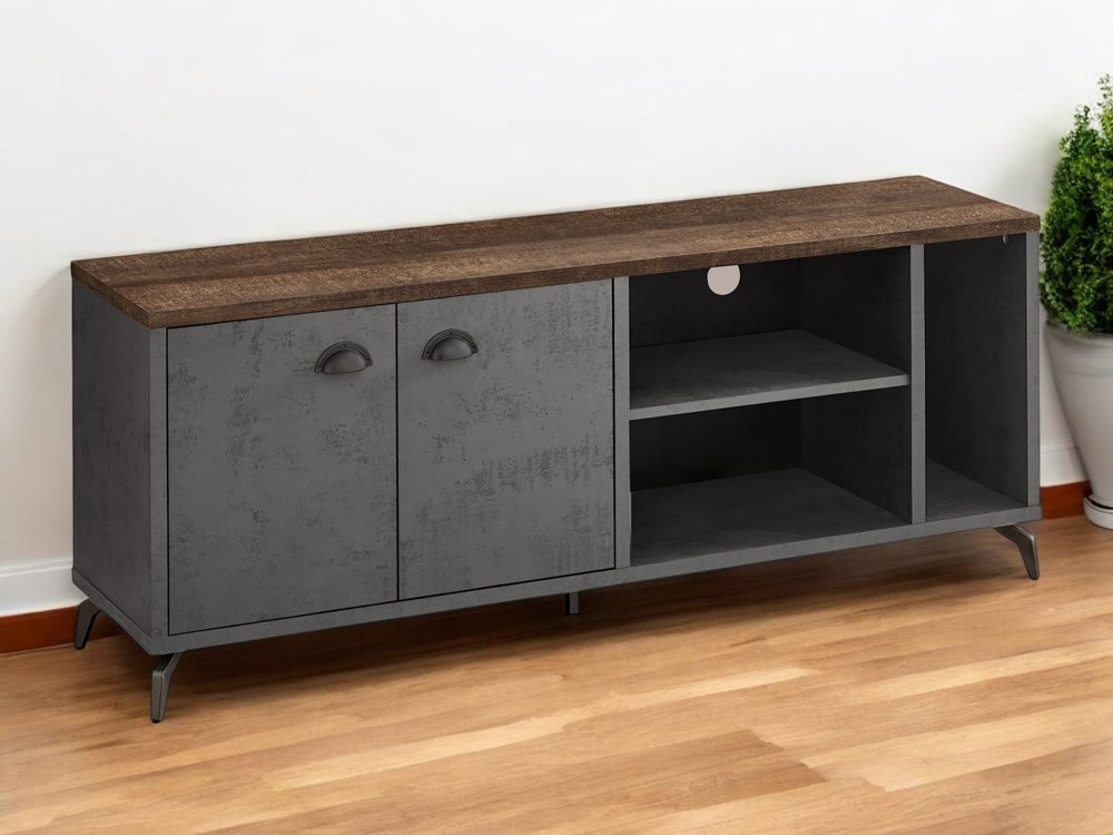 60" Brown And Gray Distressed Reclaimed Wood Enclosed and Open Storage TV Stand