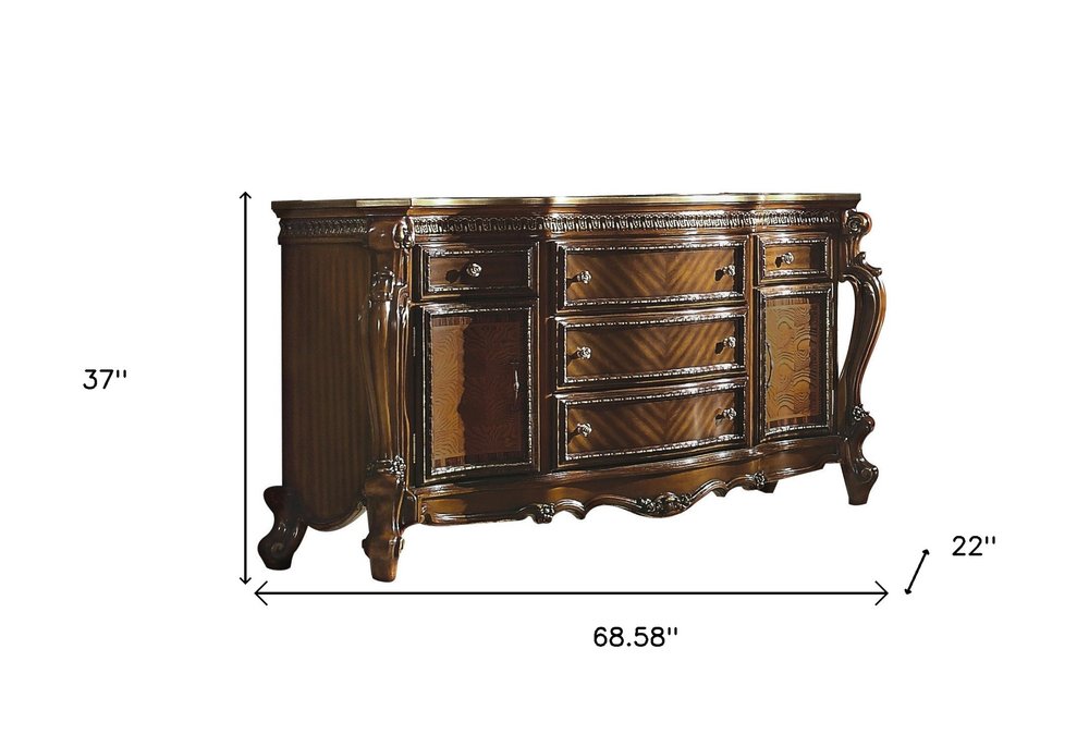 Cómoda triple de cinco cajones de madera maciza y manufacturada marrón de 69"
