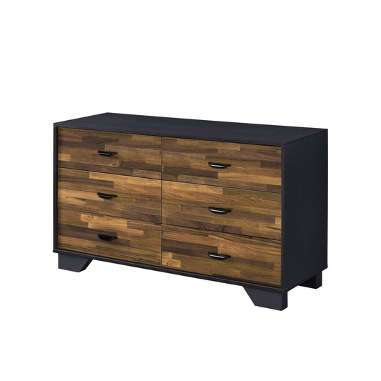 Cómoda doble de 47" con seis cajones de madera manufacturada y acabado en nogal negro