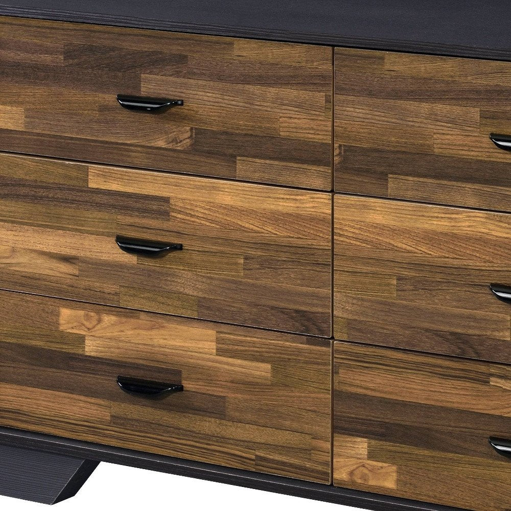 Cómoda doble de 47" con seis cajones de madera manufacturada y acabado en nogal negro
