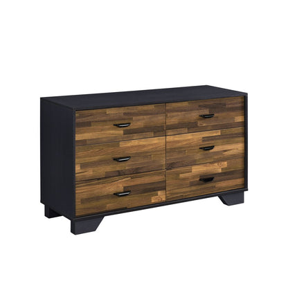Cómoda doble de 47" con seis cajones de madera manufacturada y acabado en nogal negro