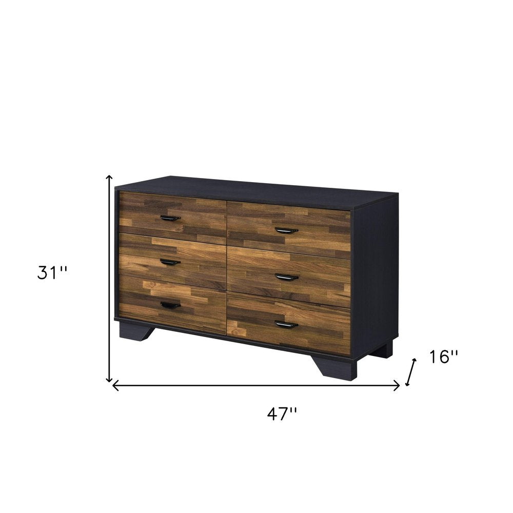Cómoda doble de 47" con seis cajones de madera manufacturada y acabado en nogal negro