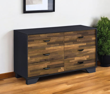Cómoda doble de 47" con seis cajones de madera manufacturada y acabado en nogal negro