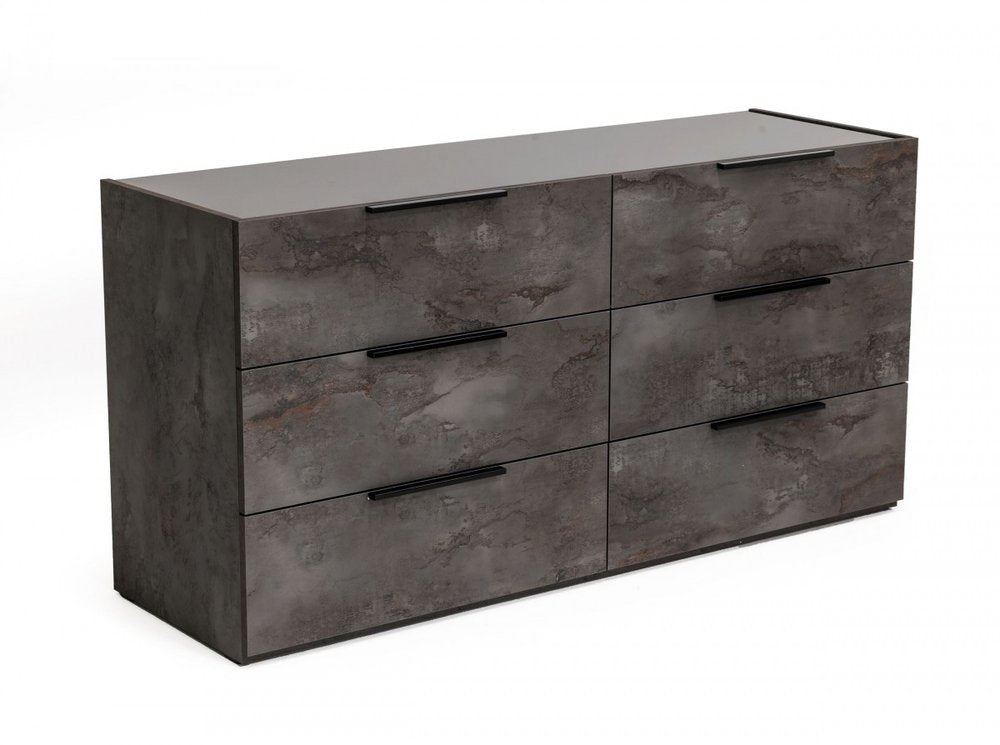 Cómoda doble de seis cajones de madera maciza de imitación mármol gris de 61"
