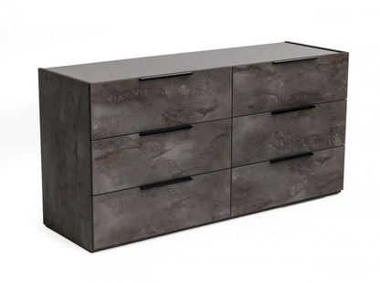 Cómoda doble de seis cajones de madera maciza de imitación mármol gris de 61"