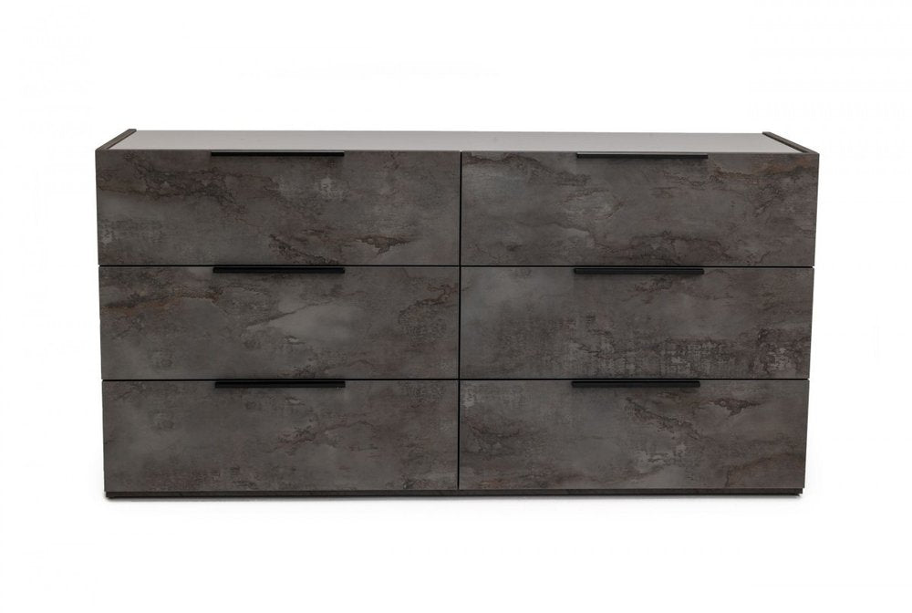 Cómoda doble de seis cajones de madera maciza de imitación mármol gris de 61"