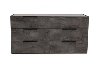 Cómoda doble de seis cajones de madera maciza de imitación mármol gris de 61"