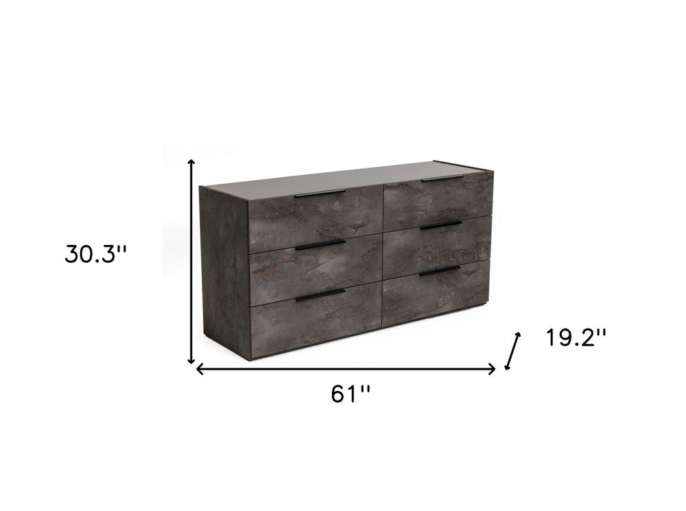 Cómoda doble de seis cajones de madera maciza de imitación mármol gris de 61"