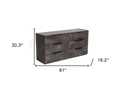 Cómoda doble de seis cajones de madera maciza de imitación mármol gris de 61"