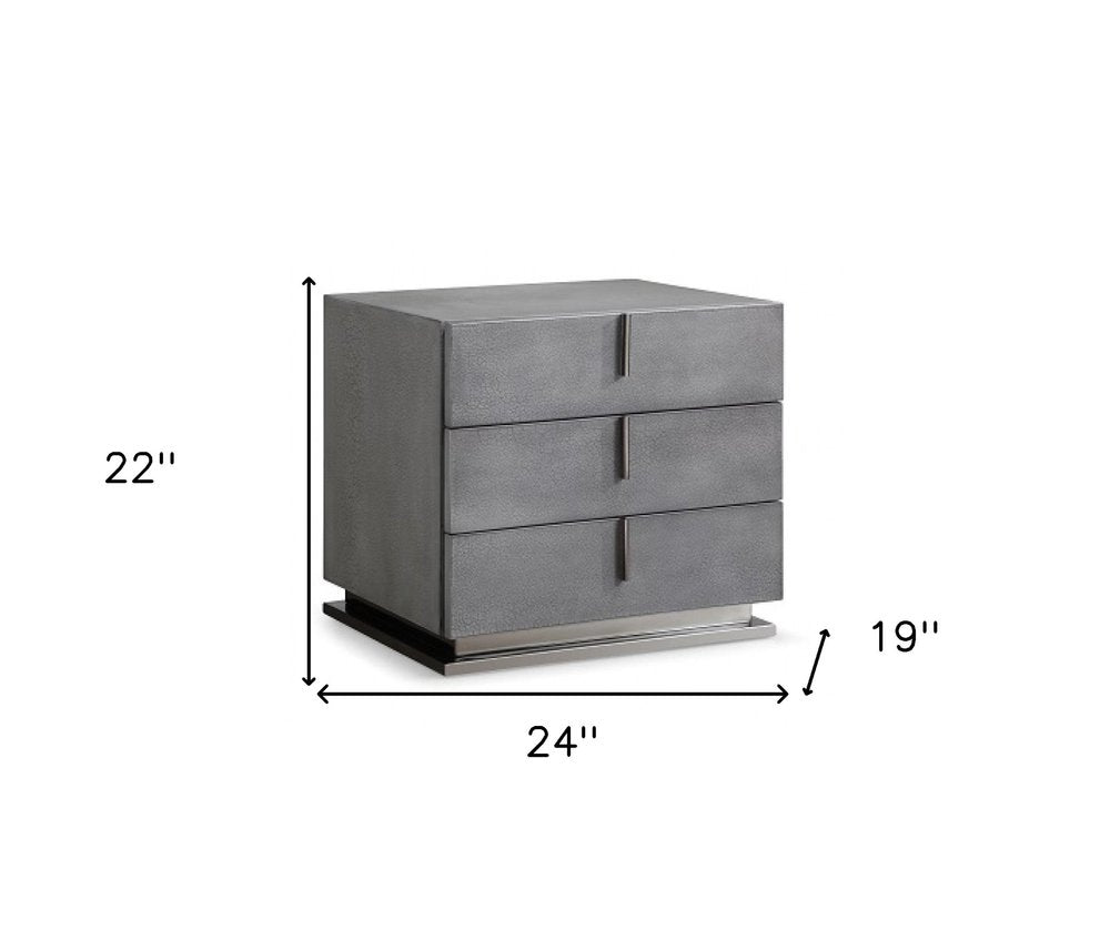 Mesita de noche de tres cajones de madera maciza y manufacturada de 22" en color gris