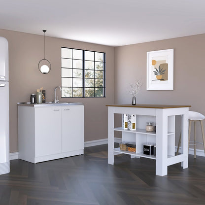 35" X 41" Brown And White Stainless Steel and Wood Counter And Utility Cabinet Utility Sink