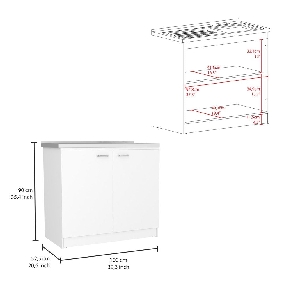 35" X 41" Brown And White Stainless Steel and Wood Counter And Utility Cabinet Utility Sink