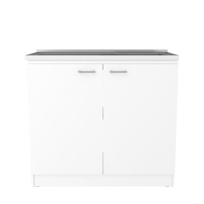 35" X 41" White Stainless Steel and Wood Counter And Utility Cabinet Utility Sink