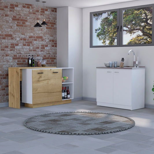 35" X 59" Natural And White Stainless Steel and Wood Counter And Utility Cabinet Utility Sink