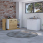35" X 59" Natural And White Stainless Steel and Wood Counter And Utility Cabinet Utility Sink