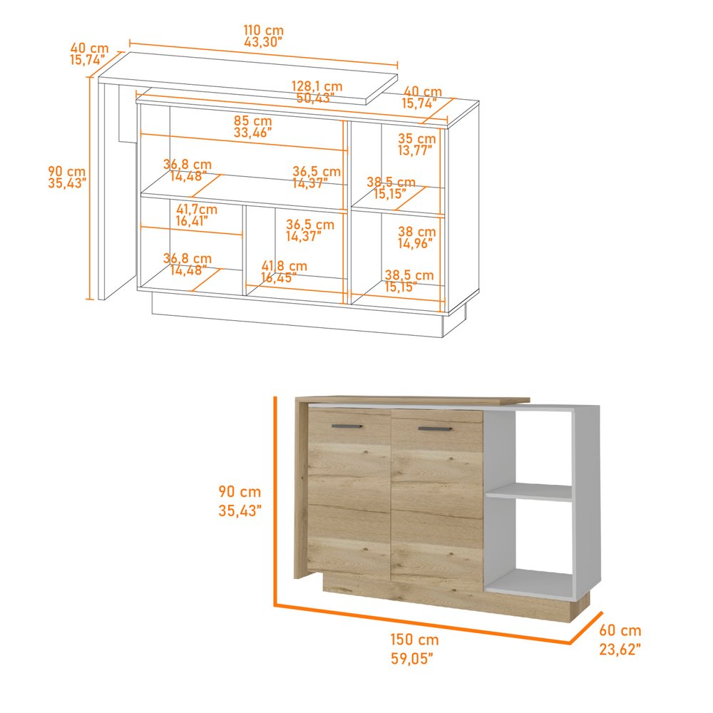 35" X 59" Natural And White Stainless Steel and Wood Counter And Utility Cabinet Utility Sink