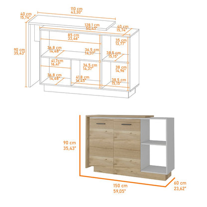 35" X 59" Natural And White Stainless Steel and Wood Counter And Utility Cabinet Utility Sink