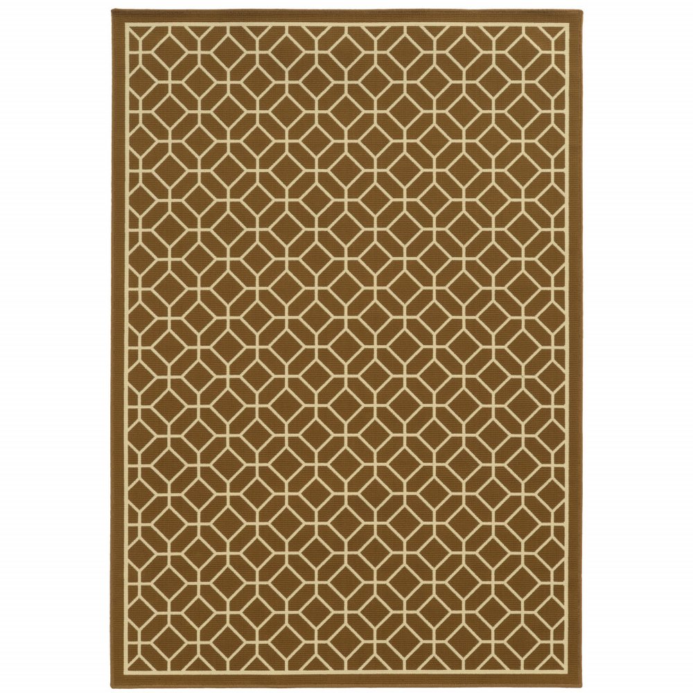 9' X 13' Brown and Ivory Geometric Stain Resistant Indoor Outdoor Area Rug