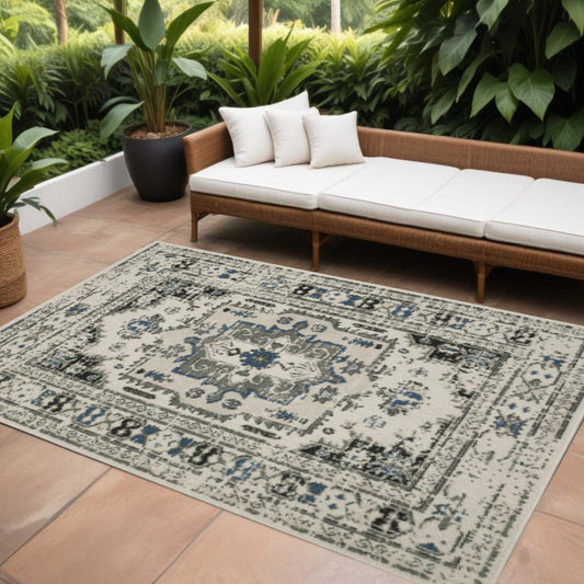 10' X 13' Blue and Beige Oriental Stain Resistant Indoor Outdoor Area Rug