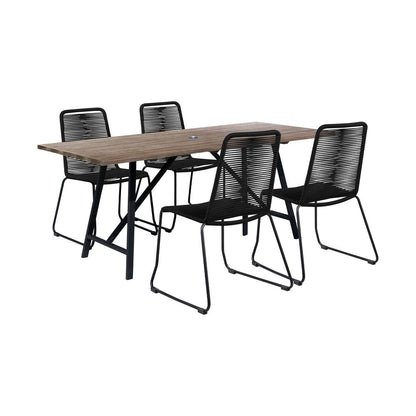 Juego de comedor de cinco piezas de madera maciza marrón y negra con cuatro sillas
