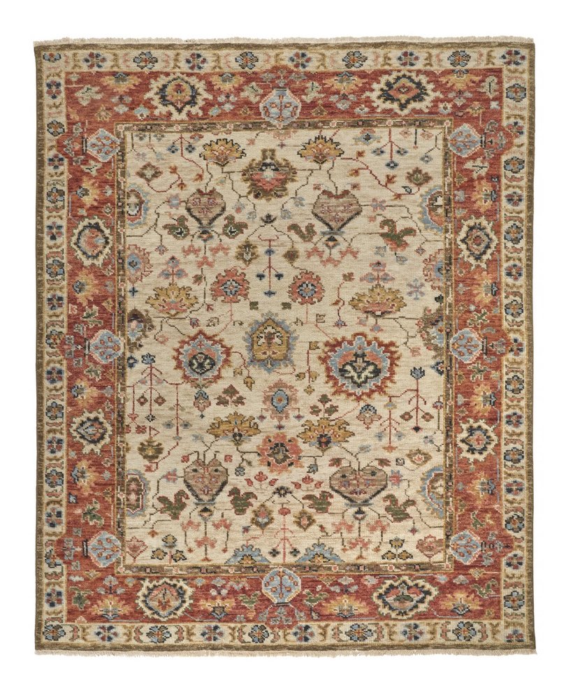 9' X 12' Red and Ivory Wool Floral Hand Knotted Area Rug With Fringe