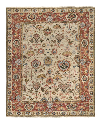 9' X 12' Red and Ivory Wool Floral Hand Knotted Area Rug With Fringe