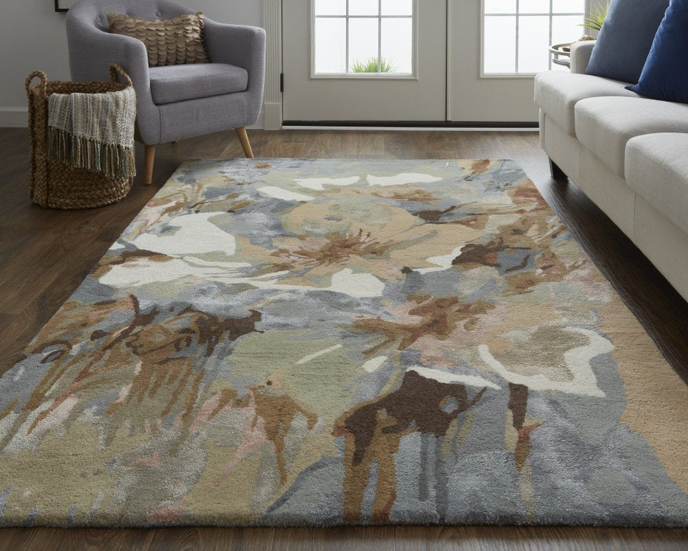 9' X 12' Tan and Gray Wool Floral Hand Tufted Area Rug