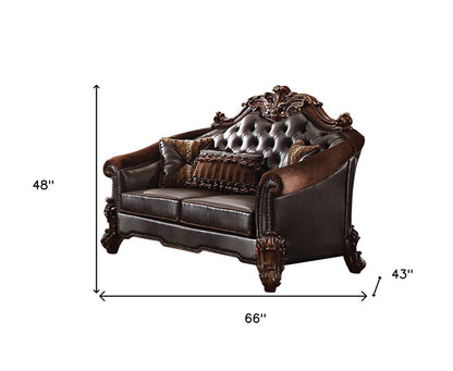 Loveseat de 66" con cojines en chenilla y cuero sintético marrón y marrón oscuro