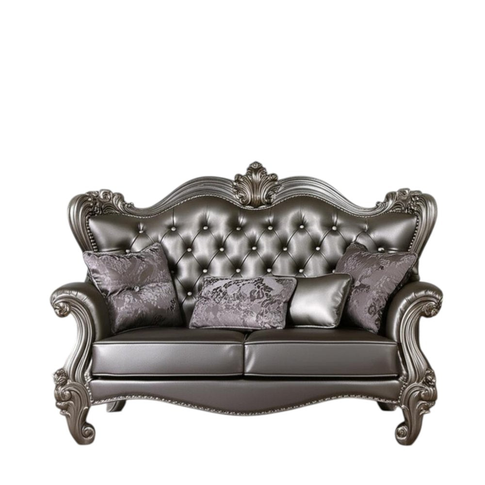 Loveseat de 70" de piel sintética color plata y platino y cojines decorativos