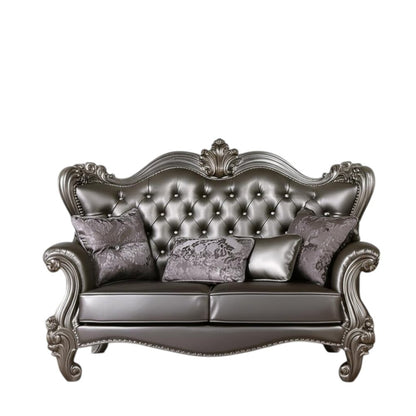 Loveseat de 70" de piel sintética color plata y platino y cojines decorativos