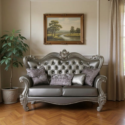 Loveseat de 70" de piel sintética color plata y platino y cojines decorativos