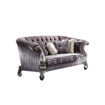 Loveseat de 76" de terciopelo morado y platino con cojines decorativos