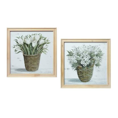 Set of Two Natural And Green Bouquet Floral Solid Wood Square Framed Art